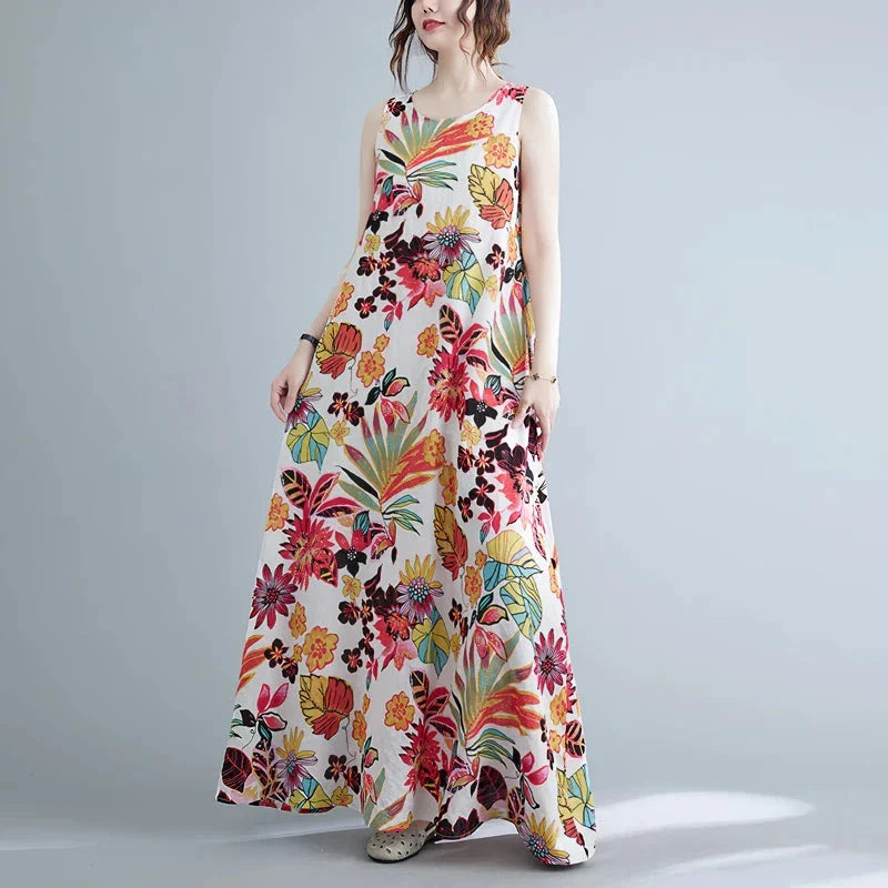 Elegant floral print cotton linen long dress with a classic O-neck and flattering A-line silhouette, perfect for Kiwi women's warm-weather style