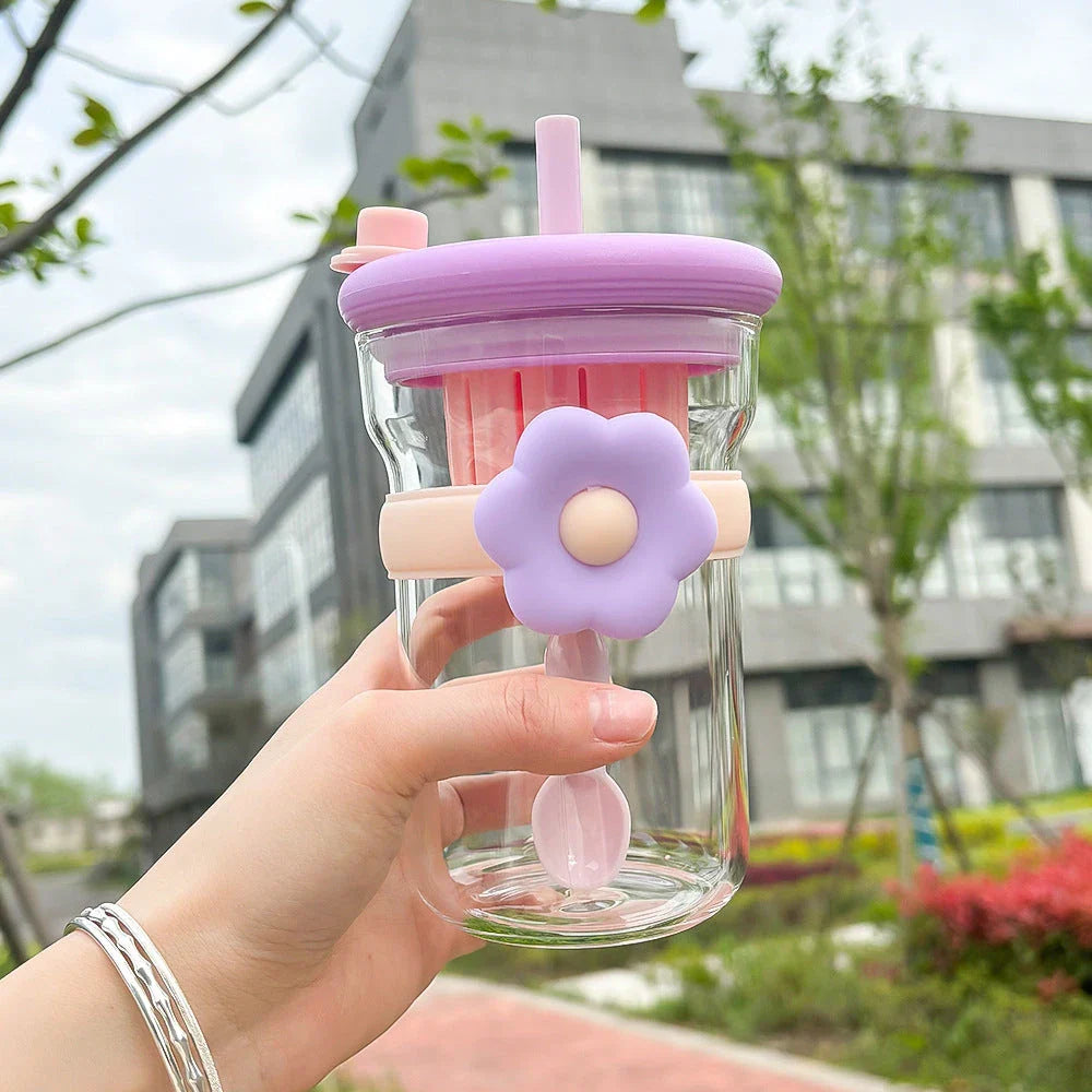 Flower Glass Cup with Infuser and Straw - Vintage-Inspired Drinkware for Charming Hydration