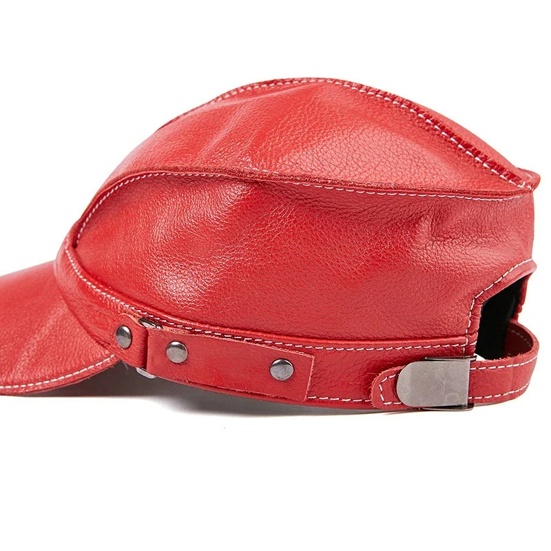 Leather baseball cap with earmuffs in black, red, and brown colors for men's cold weather wear