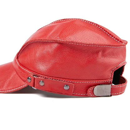 Leather baseball cap with earmuffs in black, red, and brown colors for men's cold weather wear