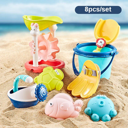 Colorful beach toy set with shovels, sand molds, and a convenient carry bag for outdoor fun