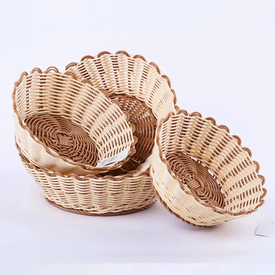 Handwoven fruit and vegetable storage basket made from eco-friendly plastic with rattan-like design and dustproof cover