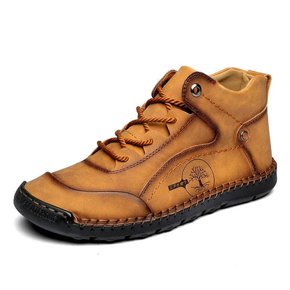 Rugged retro leather boots in black, light brown, and khaki colors, featuring a vintage-inspired design with eye-catching stitching and a durable rubber sole for superior grip