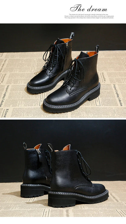 Stylish women's platform locomotive boots with leather upper and rubber sole, in black and cotton black colors