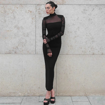 Elegant turtleneck dress with mesh stitching details, slim-fit silhouette, and long sleeves