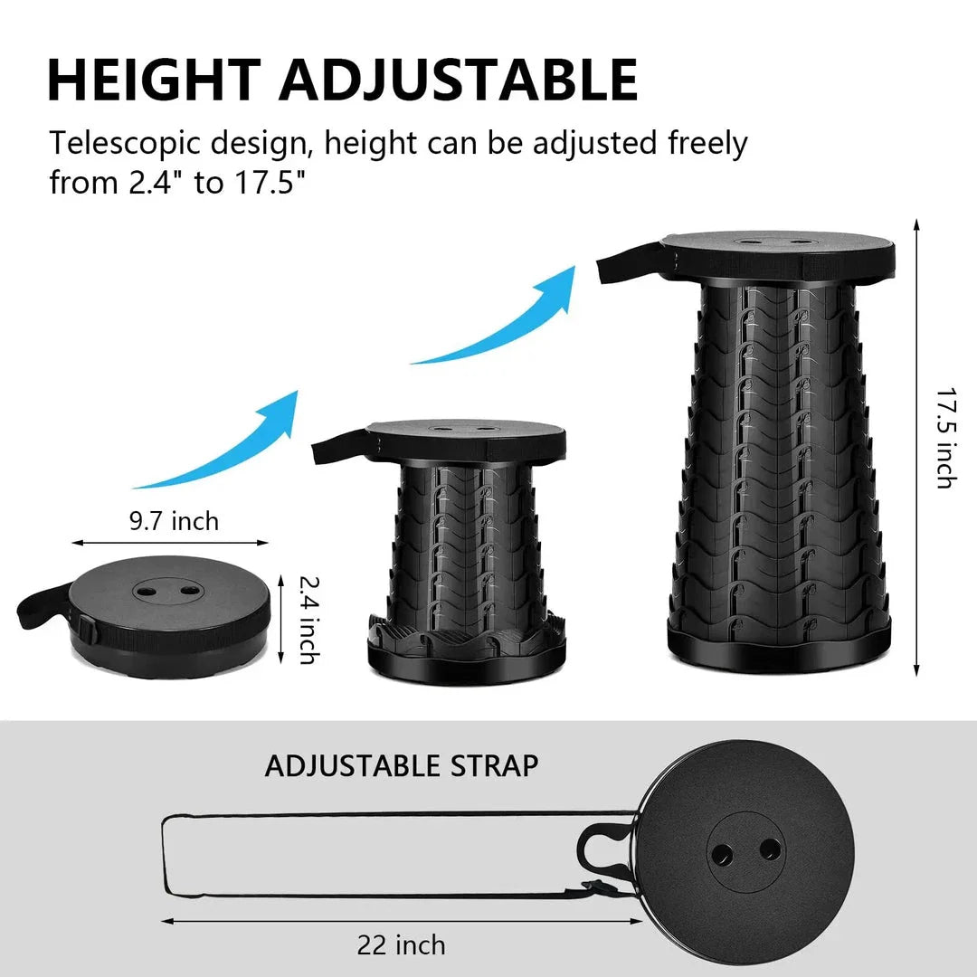 Adjustable height portable telescopic stool in black color, ideal for outdoor activities like camping, fishing, and picnics