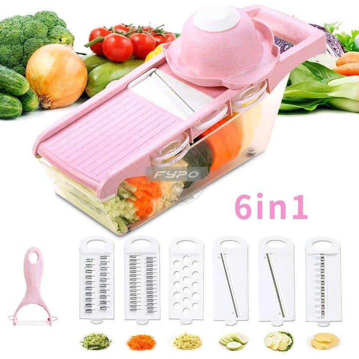 Stainless steel 6-in-1 vegetable cutter with interchangeable blades for slicing, shredding, and chopping a variety of fresh produce