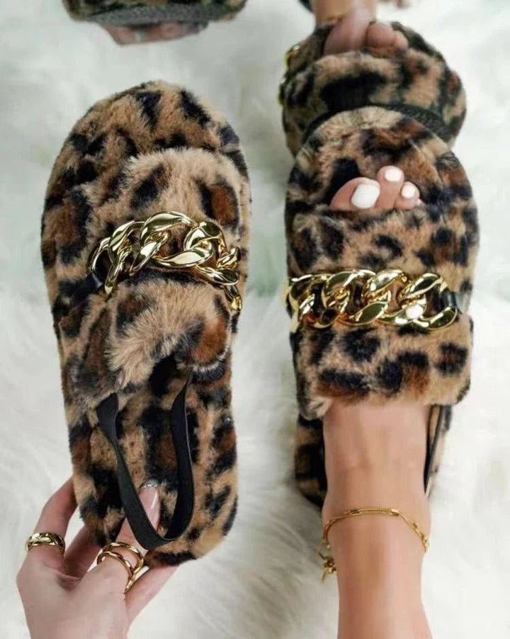 Shopfluxpro NZ Stylish Leopard Print Plush Slippers with Trendy Metal Chain