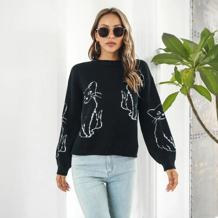 Relaxed-fit women's pullover sweater with cozy cat brocade pattern, perfect for autumn and winter in New Zealand