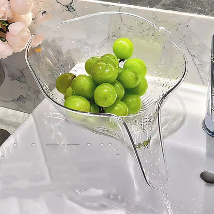 Self-draining dish and fruit washing basin with transparent drain basket and modern design