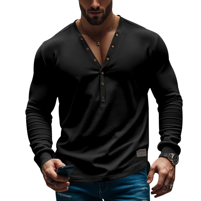 Sleek and stylish slim-fit buttoned v-neck top for the modern Kiwi man, featuring premium synthetic fabric and a versatile design.