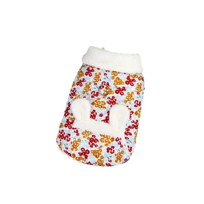 Adorable floral plush dog parka with cute plush ears, perfect for keeping your furry friend warm and stylish during chilly New Zealand autumn and winter weather