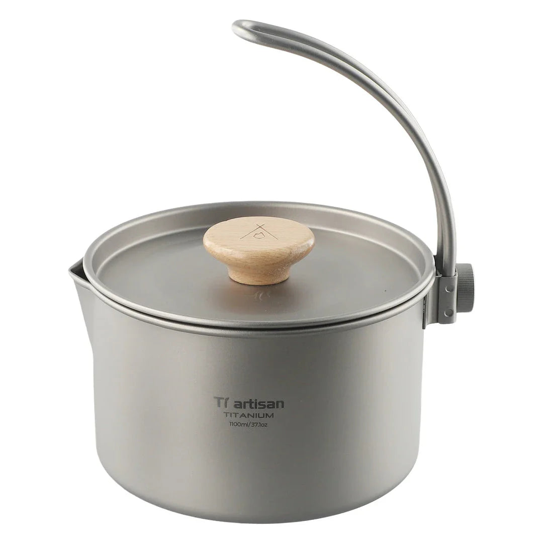 1.1L titanium camping pot with storage sack, perfect for brewing hot drinks, cooking meals, and boiling water on outdoor adventures