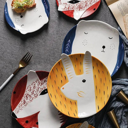 A charming ceramic plate featuring a vibrant cartoon animal pattern, perfect for adding a touch of Kiwi-inspired style to your dining table.