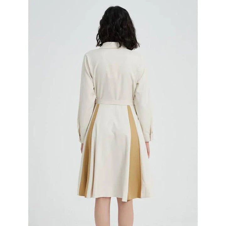 Elegant Beige A-line Long Sleeve Dress with Turn-down Collar and Belt for Flattering Fit