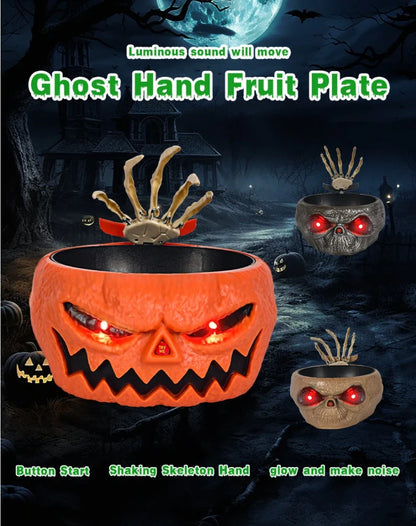 A glowing, pumpkin-shaped plastic plate with ghostly sound effects for Halloween decor and celebrations