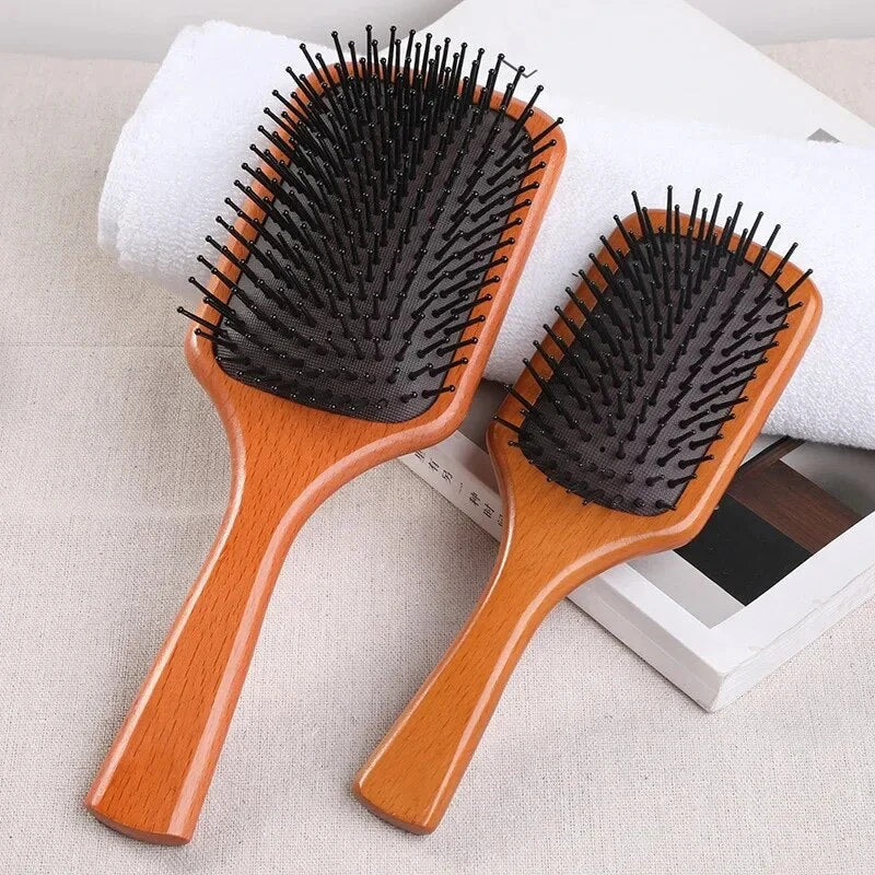 Anti-static wooden air cushion hair brush with scalp-massaging action, designed for healthy, beautiful hair