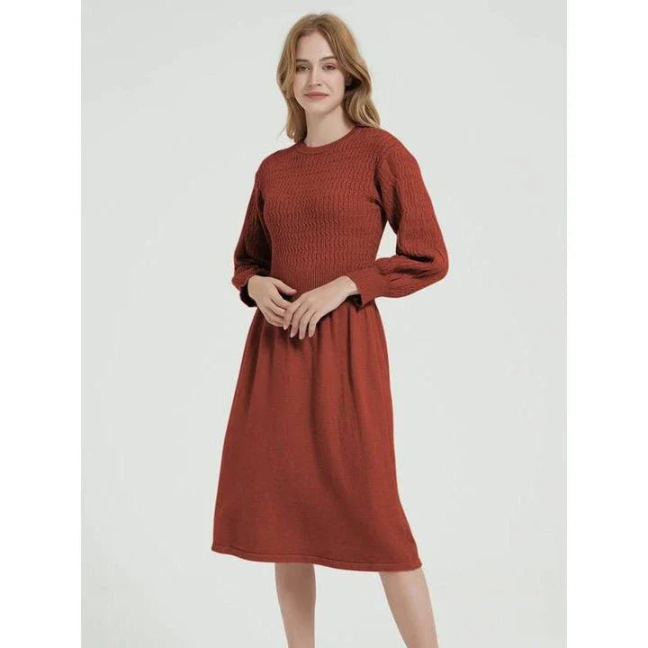 Elegant long sleeve knitted sweater dress in red, perfect for Kiwi women during the cooler seasons