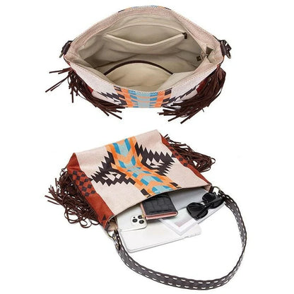 Stylish Bohemian canvas shoulder bag with colorful knitting and tassel details