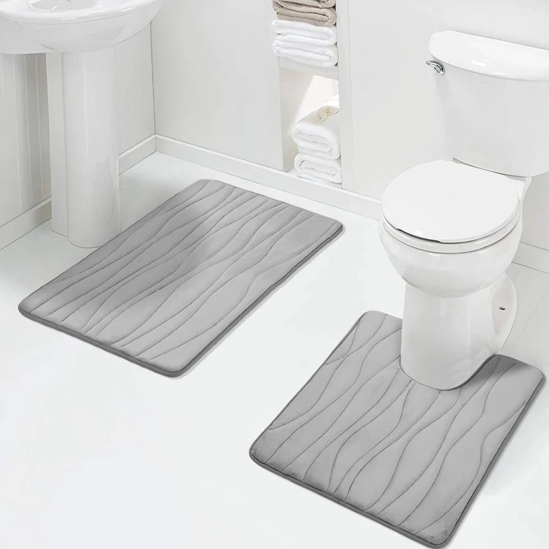 Cosy and comfortable memory foam bathroom mat set with microfiber velvet exterior in black, brown, and gray colours