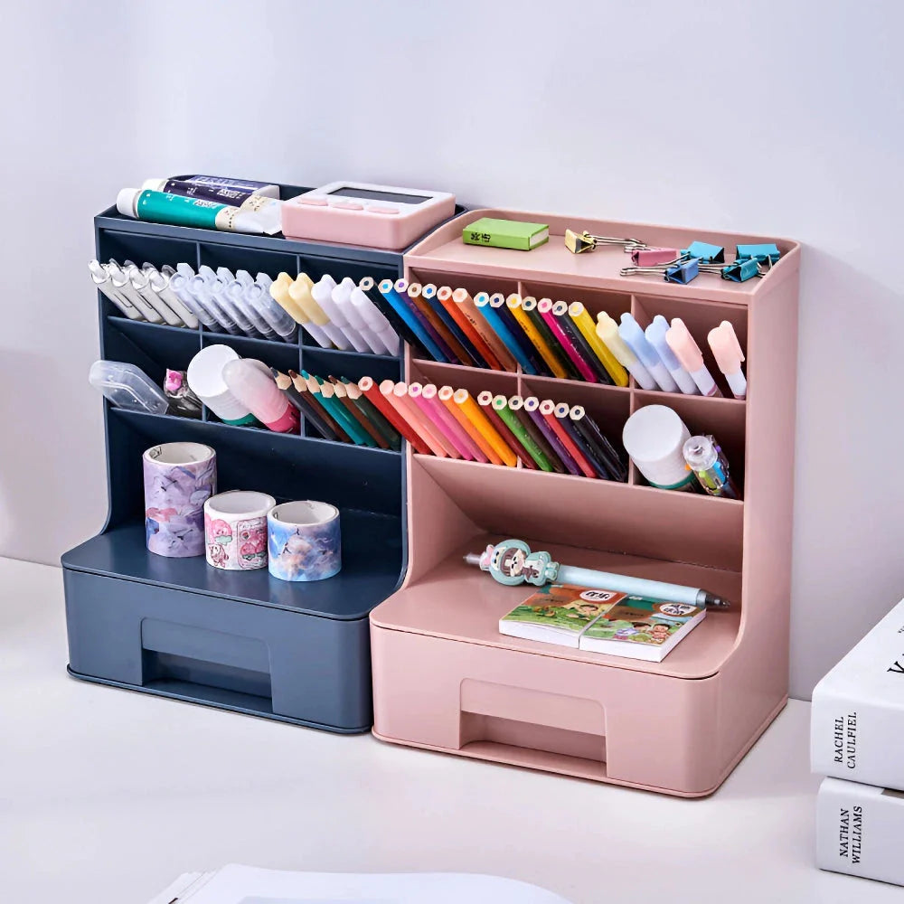 Stylish white desk organiser with compartments for pens, pencils, and other stationery items