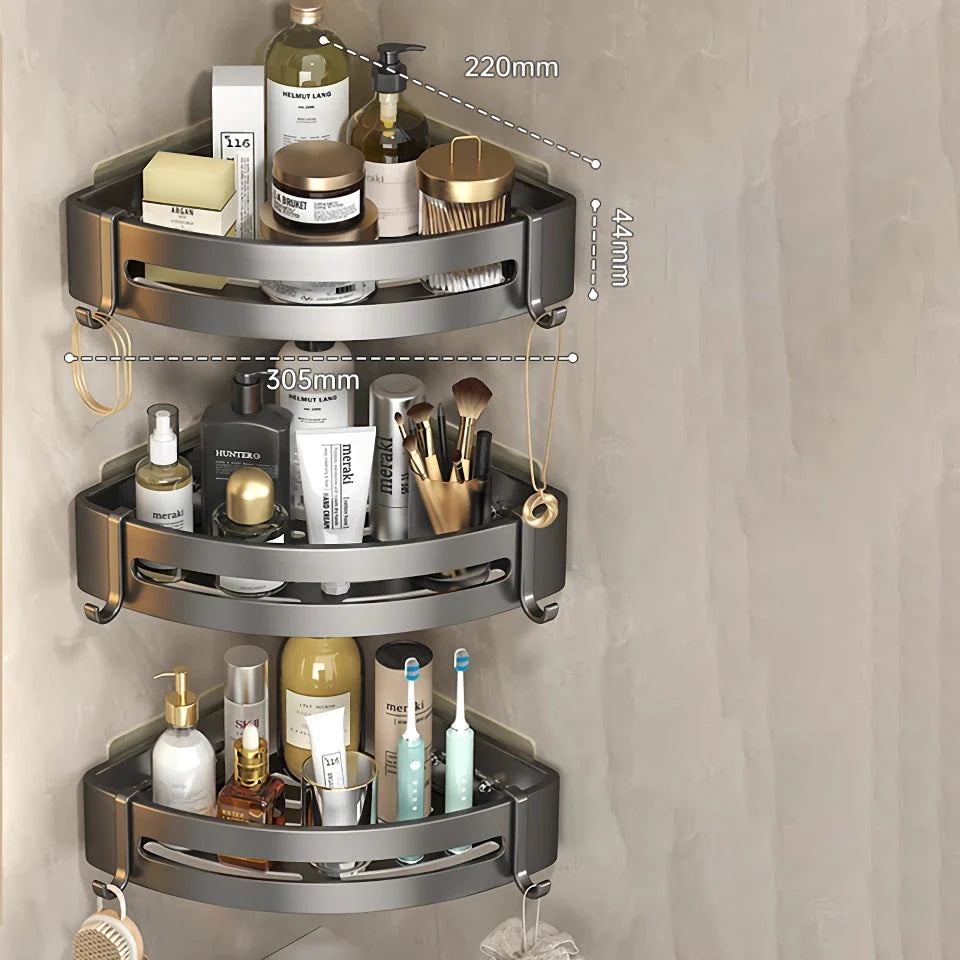 Adhesive Bathroom Shampoo Holder with dual-tier shelves in sleek grey aluminium alloy