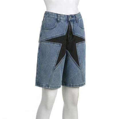 Loose Contrast Color Five-pointed Star Patch Denim Shorts in blue, featuring a relaxed, comfortable fit and unique star patch detailing