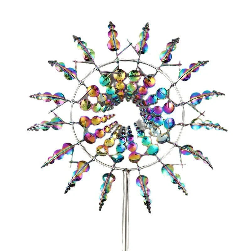 Charming metal garden windmill decoration in various vibrant colours, including white, colourful, silver, gold, lake blue, and sky blue