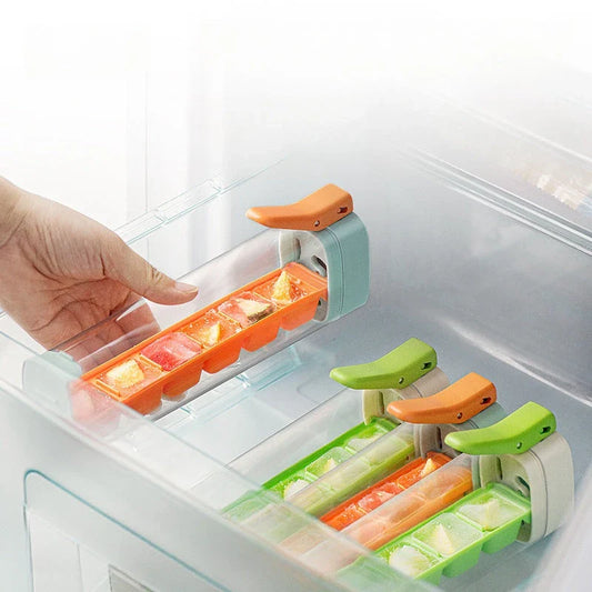 One-hand press ice cube maker with storage box, made of food-grade materials for effortless ice making