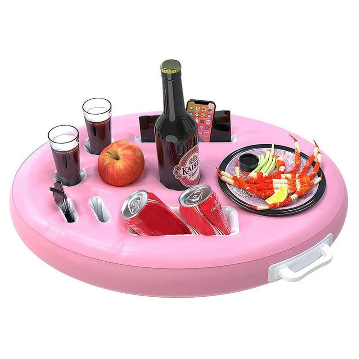 Inflatable drink holder with multiple compartments for cans, bottles, and snacks, designed for easy use in pools, at the beach, and other summer activities.