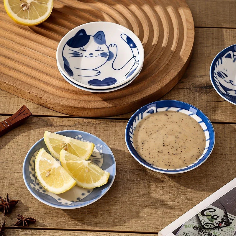 Ceramic Porcelain Dish with Hand-Painted Lucky Cat Design for Serving Sauces, Dips, and Desserts