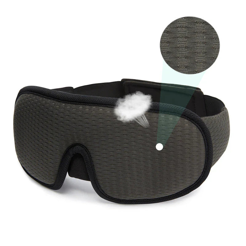 Soft, breathable 3D memory foam sleep mask in gray color providing total darkness and pressure relief for restful sleep