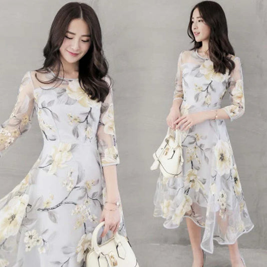 Elegant and eco-friendly printed organza dress with round neckline and seven-quarter sleeves in a variety of colors