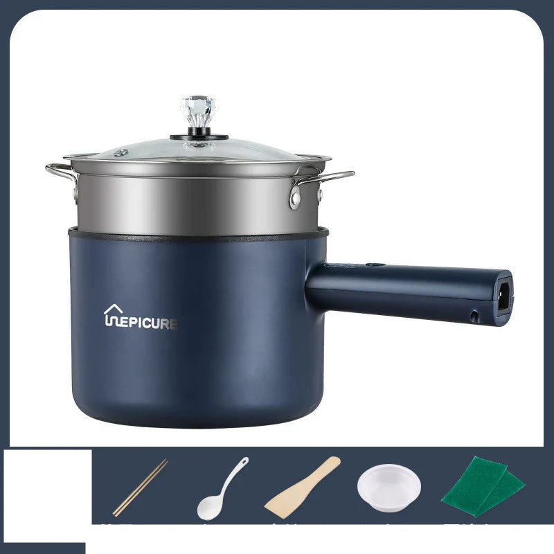 Versatile electric cooker in Emerald Green and Sapphire Blue colours, featuring manual and smart pot models with steaming grids for a range of cooking functions.