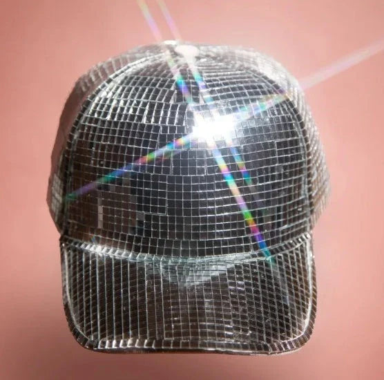 Silver mirror peaked cap with a stylish and reflective design, perfect for summer parties and events