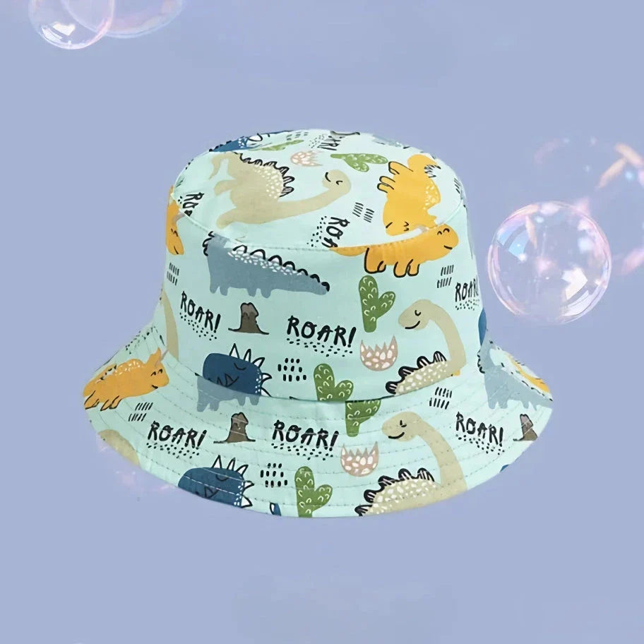 Adorable cartoon-printed cotton baby sun hat with adjustable drawstring for secure fit and wide brim for UV protection