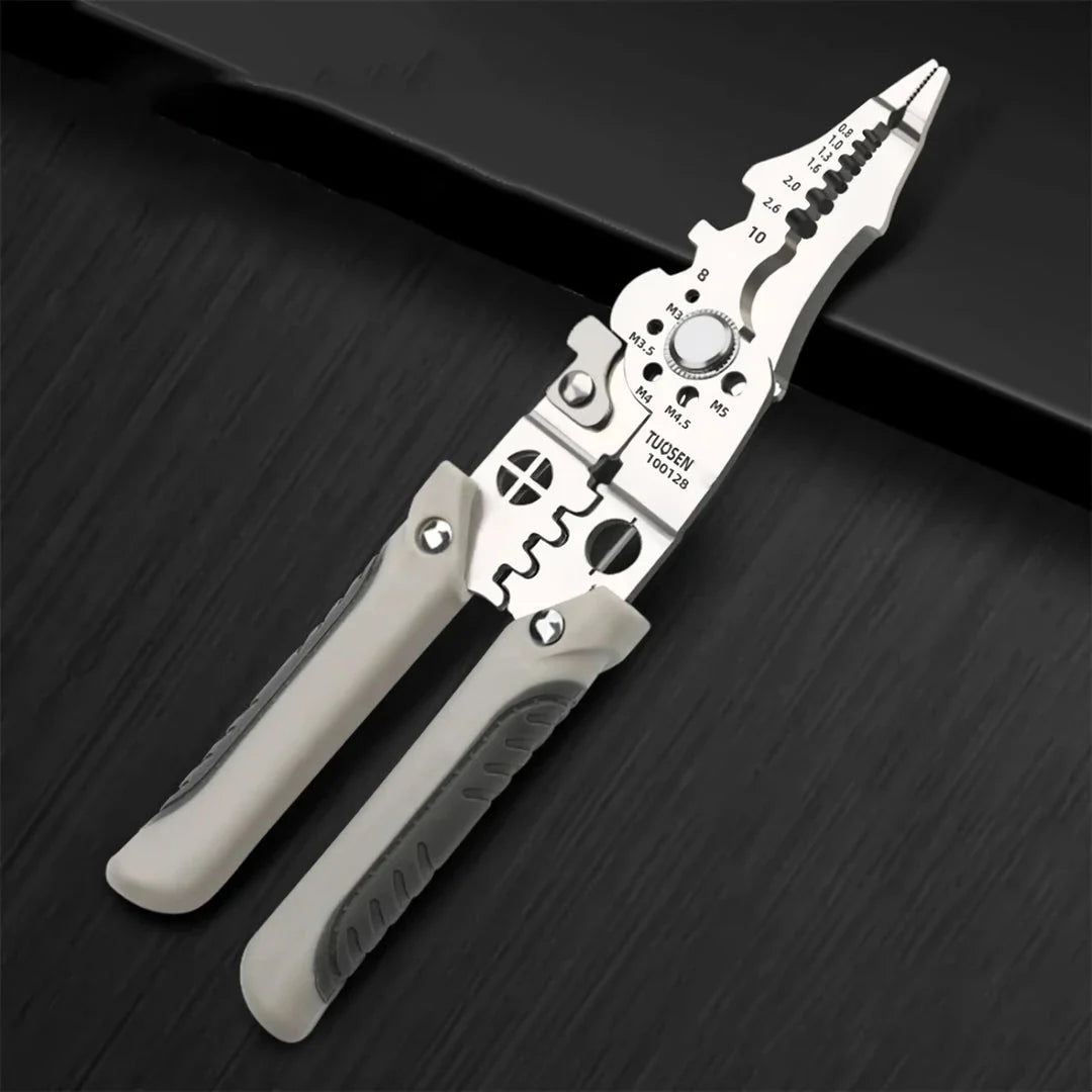 Adjustable Multifunctional Wire Stripper, Crimper, and Cable Cutter Pliers made of high-carbon steel with ergonomic PVC-coated handles