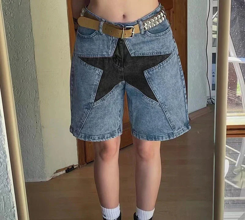 Loose Contrast Color Five-pointed Star Patch Denim Shorts in blue, featuring a relaxed, comfortable fit and unique star patch detailing