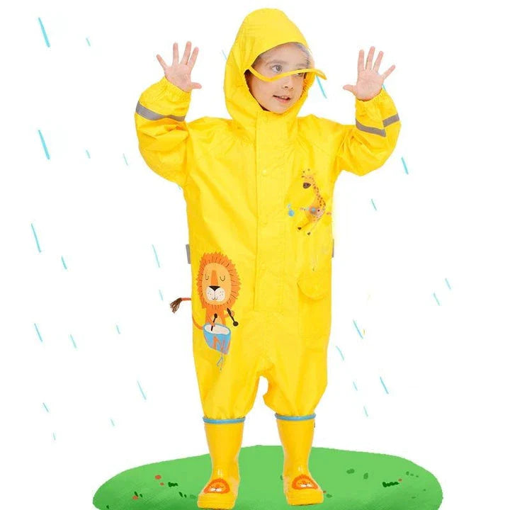 Waterproof dinosaur-themed rain jumpsuit for Kiwi kids, featuring a vibrant cartoon print and durable, protective materials