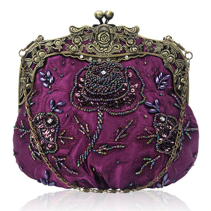 Bead embroidered fashion bag with silk surface, nylon exterior, and magnetic buckle closure