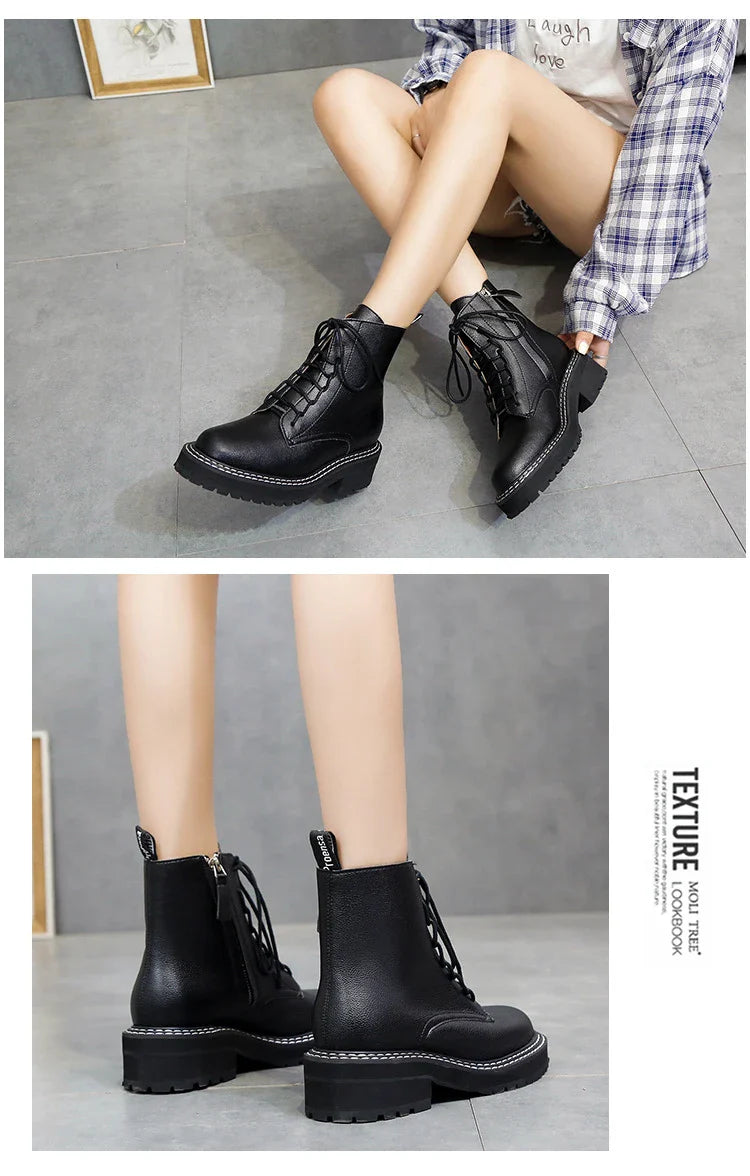 Stylish women's platform locomotive boots with leather upper and rubber sole, in black and cotton black colors