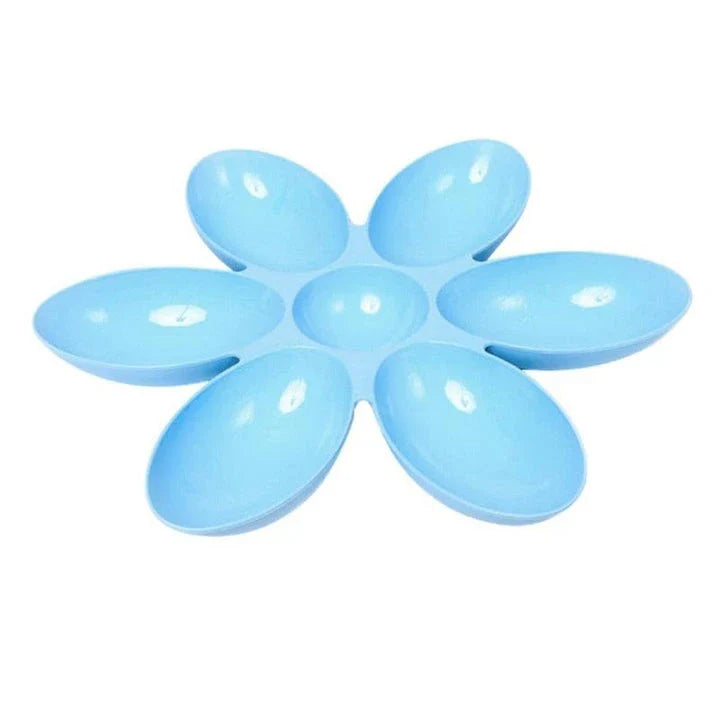 A blue silicone 6-in-1 feeding bowl for puppies and kittens, designed with a large 42 cm diameter for multiple pets.