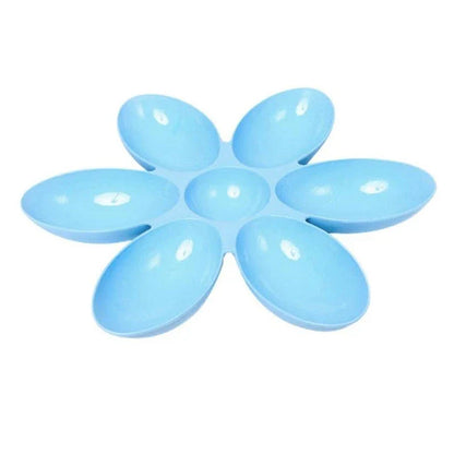 A blue silicone 6-in-1 feeding bowl for puppies and kittens, designed with a large 42 cm diameter for multiple pets.