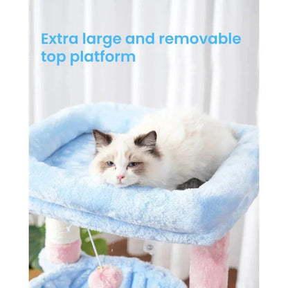 A stylish and sturdy cat tree with multiple levels, scratching posts, and cosy hammocks for your indoor cat's playtime and relaxation.