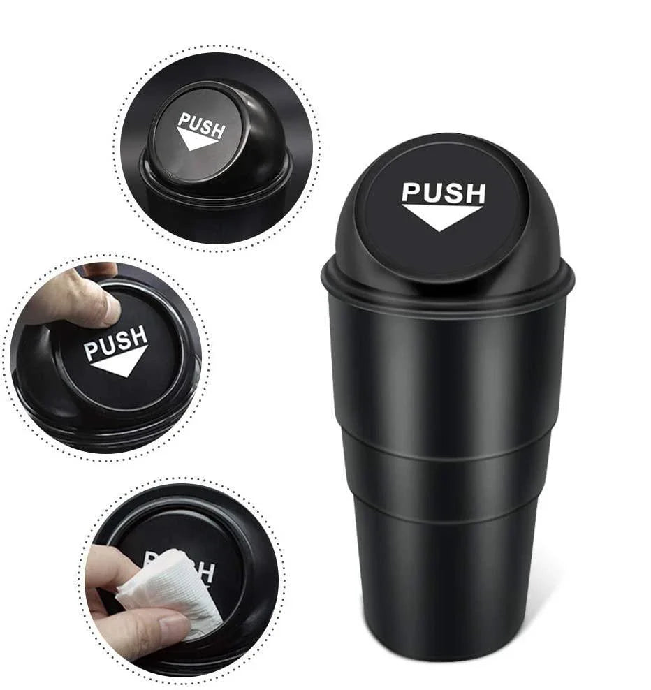 Compact in-car rubbish bin made of durable ABS plastic, designed to fit in car cup holders and keep vehicles clean and organised