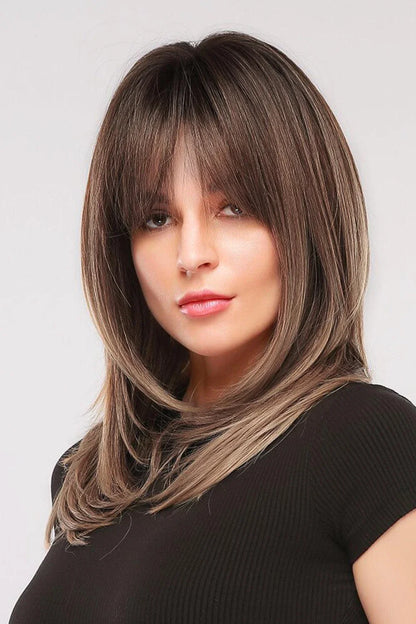 Stylish mid-length wave synthetic wig in cream color with comfortable cap construction and heat-safe synthetic fibres