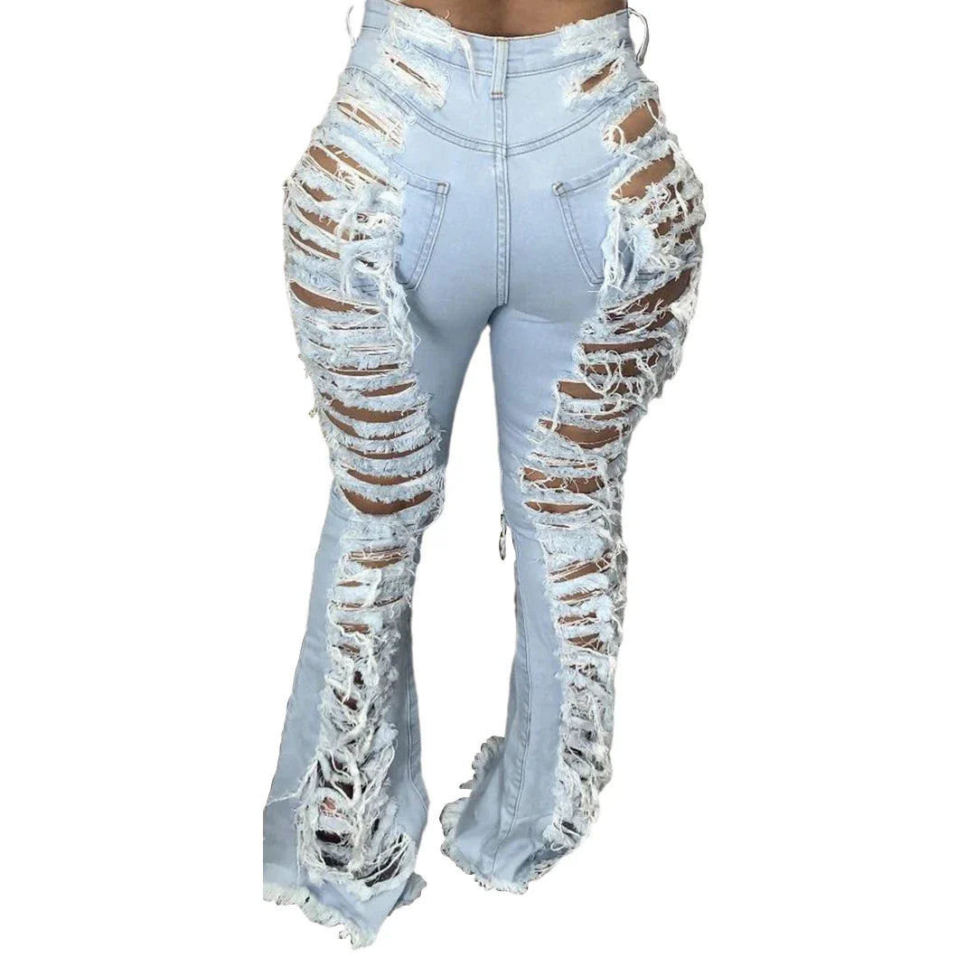 Stylish stretch denim flare jeans in black and light blue colors, featuring a high-waisted, bell-bottom design for a flattering, retro-inspired look.