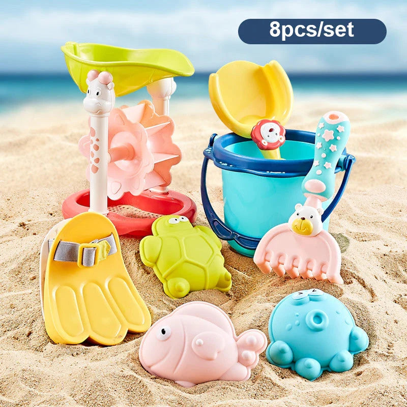 Colorful beach toy set with shovels, sand molds, and a convenient carry bag for outdoor fun