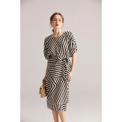 Elegant striped dress made from luxurious Mulberry silk with batwing sleeves, perfect for Kiwi women's fashion.