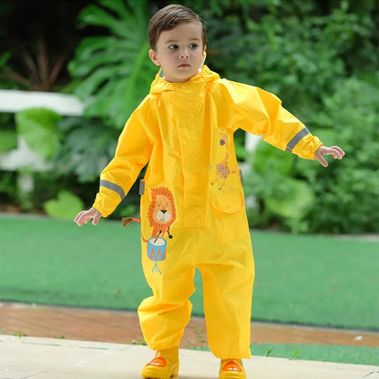 Waterproof dinosaur-themed rain jumpsuit for Kiwi kids, featuring a vibrant cartoon print and durable, protective materials